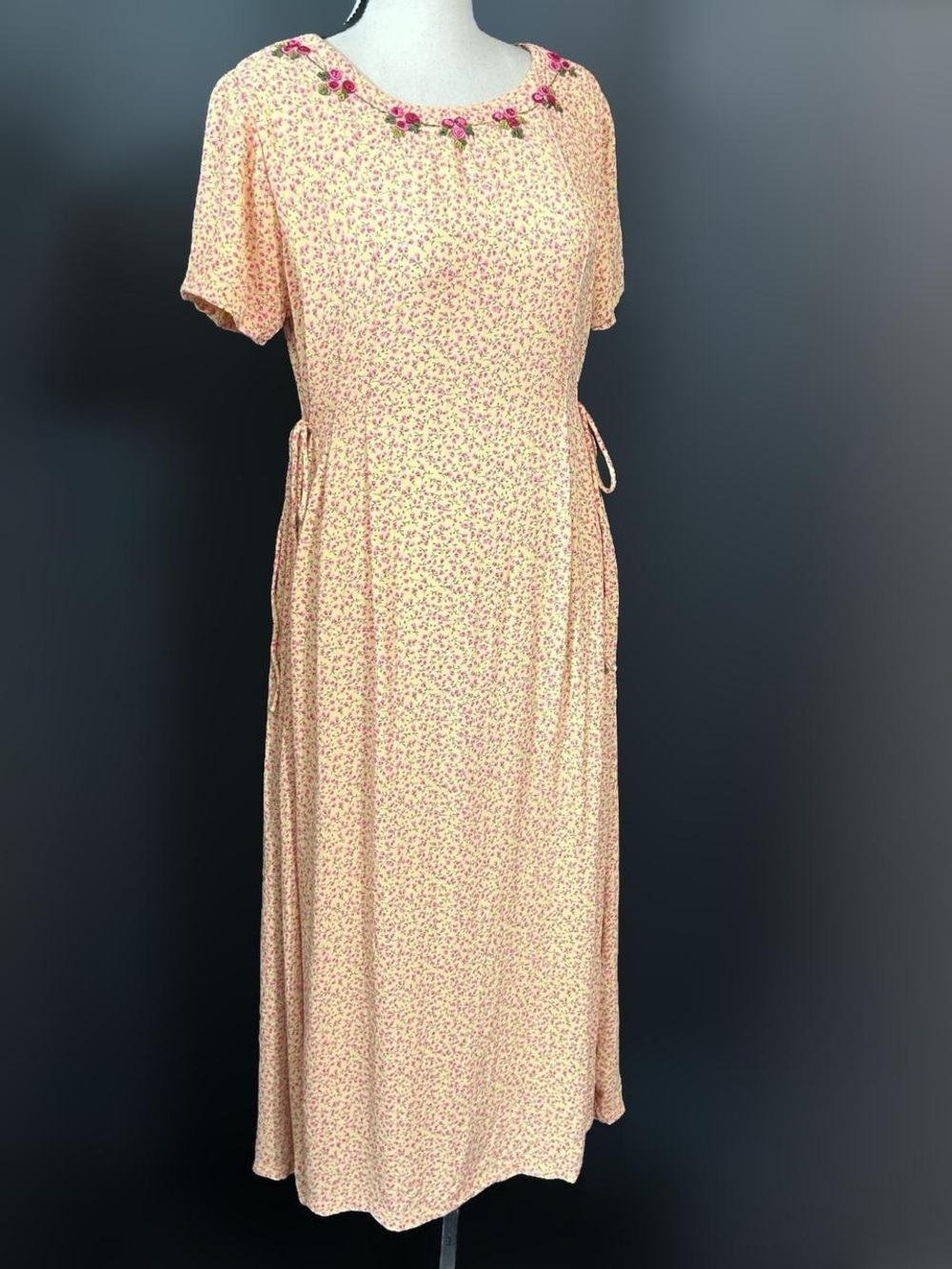 Sarah Elizabeth yellow floral Maxi Dress with Pink Floral embroidered trim